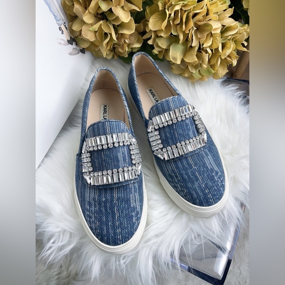 Karl Lagerfeld Navy Denim Slip on Shoes with Diamond Buckle Size 6/36